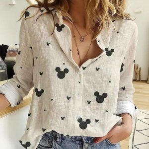 Mickey Mouse - Women Casual Button Down Blouse, Medium